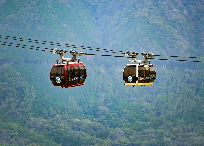 Two cable cars crossing paths on Hakone Ropeway, with a sea of trees in the background.